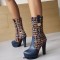 Round Toe Spike Heels Platforms Tweed Fabric Knee Highs Zipper Booties - Blue