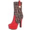 Round Toe Spike Heels Platforms Tweed Fabric Knee Highs Zipper Booties - Red