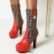 Round Toe Spike Heels Platforms Tweed Fabric Knee Highs Zipper Booties - Red