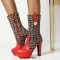 Round Toe Spike Heels Platforms Tweed Fabric Knee Highs Zipper Booties - Red