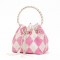 Chain Metal Ring Handle Rhinestones Bucket Purse Bags - Pink Plaid