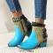 Round Toe Cross Straps Color Matching Pattern Ethnic Style Ankle Highs Chunky Heels Boots - Blue Faux Leather