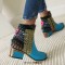 Round Toe Cross Straps Color Matching Pattern Ethnic Style Ankle Highs Chunky Heels Boots - Blue Faux Leather