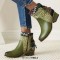 Round Toe Cross Straps Color Matching Pattern Ethnic Style Ankle Highs Chunky Heels Boots - Green Faux Leather