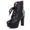 Round Toe Chunky Heels Snake Print Low Platforms Ankle Highs Lace Up Boots - Black Faux Leather