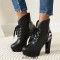 Round Toe Chunky Heels Snake Print Low Platforms Ankle Highs Lace Up Boots - Black Faux Leather
