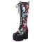 Round Toe Chunky Heels Lace Up Flower Texture Cross Straps Platforms Knee Highs Boots - Black Patent
