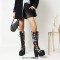 Round Toe Chunky Heels Lace Up Flower Texture Cross Straps Platforms Knee Highs Boots - Black Patent