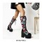 Round Toe Platforms Chunky Heels Flowers Punk Lace Up Winter Boots with Side Zipper - Black