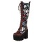 Round Toe Chunky Heels Lace Up Flower Texture Cross Straps Platforms Knee Highs Boots - Brown Faux Leather