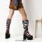 Round Toe Chunky Heels Lace Up Flower Texture Cross Straps Platforms Knee Highs Boots - Brown Faux Leather
