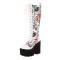 Round Toe Chunky Heels Lace Up Flower Texture Cross Straps Platforms Knee Highs Boots - White Faux Leather