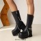Square Toe Punk Metal Chain Chunky Heels Platforms Side Zipper Boots - Black Faux Leather