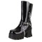 Square Toe Punk Metal Chain Chunky Heels Platforms Side Zipper Boots - Black Patent