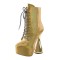 Round Toe Ankle High Side Zipper Lace Up Platforms Bowling Heels Booties - Gold Faux Leather