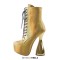 Round Toe Ankle High Side Zipper Lace Up Platforms Bowling Heels Booties - Gold Faux Leather