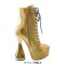 Round Toe Ankle High Side Zipper Lace Up Platforms Bowling Heels Booties - Gold Faux Leather