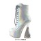 Round Toe Ankle High Side Zipper Lace Up Platforms Bowling Heels Booties - Silver Faux Leather
