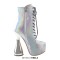 Round Toe Ankle High Side Zipper Lace Up Platforms Bowling Heels Booties - Silver Faux Leather