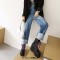 Round Toe Lace Up Punk Gothic Platforms Wedges Boots - Black Faux Leather Canvas