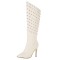 Pointed Toe Knee Highs Stiletto Heels Side Zipper Rivets Punk Boots - Beige