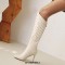Pointed Toe Knee Highs Stiletto Heels Side Zipper Rivets Punk Boots - Beige