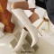 Pointed Toe Knee Highs Stiletto Heels Side Zipper Rivets Punk Boots - Beige