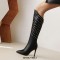 Pointed Toe Knee Highs Stiletto Heels Side Zipper Rivets Punk Boots - Black