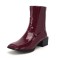 Square Toe Back Zipper Low Chunky Heels Back Zipper Ankle Highs Boots - Wine Patent