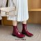 Square Toe Back Zipper Low Chunky Heels Back Zipper Ankle Highs Boots - Wine Patent