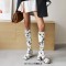 Square Toe Chunky Heels Lace Up Flower Texture Low Platforms Knee Highs Boots - White Faux Leather