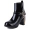 Round Toe Chunky Heels Side Zipper Ankle Highs Buckle Straps Chain Boots - Black