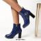 Round Toe Chunky Heels Side Zipper Ankle Highs Buckle Straps Chain Boots - Blue