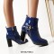 Round Toe Chunky Heels Side Zipper Ankle Highs Buckle Straps Chain Boots - Blue