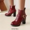 Round Toe Chunky Heels Side Zipper Ankle Highs Buckle Straps Chain Boots - Wine Red