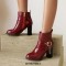 Round Toe Chunky Heels Side Zipper Ankle Highs Buckle Straps Chain Boots - Wine Red