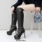 Round Toe Dimensional Lattice Decorated Lace Up Platforms Thigh High Stiletto Boots - Black