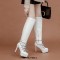 Round Toe Dimensional Lattice Decorated Lace Up Platforms Thigh High Stiletto Boots - White