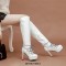 Round Toe Dimensional Lattice Decorated Lace Up Platforms Thigh High Stiletto Boots - White
