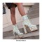 Round Toe Ethnic Floral Pearl with Rhinestones Chunky Heels Ankle Highs Spring Platforms Boots - Green