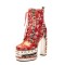 Round Toe Ethnic Floral Pearl with Rhinestones Chunky Heels Ankle Highs Autumn Platforms Boots - Red