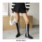  Round Toe Denim Style Knee Highs Zipper Crowbar Pattern Flats Boots - Black