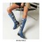  Round Toe Denim Style Knee Highs Zipper Snake Print Pattern Flats Boots - Blue