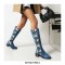  Round Toe Denim Style Knee Highs Zipper Snake Print Pattern Flats Boots - Blue