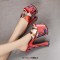 Peep Toe Chunky Heels Graffiti Designed Platforms Sandals - Red Silk