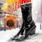 Square Toe Side Zipper Chunky Heels Patent Winter Boots - Black