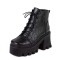 Square Toe Platforms Chunky Heels Crocodile Pattern Ankle Highs Boots - Black Faux Leather