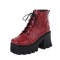 Square Toe Platforms Chunky Heels Crocodile Pattern Ankle Highs Boots - Wine Red Faux Leather