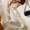 Pointed Toe Stiletto Heels Ethnic Flower Style Thigh High Over The Knees Boots - Gold Faux Leather