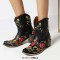 Pointed Toe Embroidered Flowers Chunky Heels Cowboy Style Western Boots - Black Faux Leather